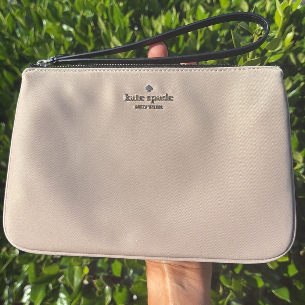 KATE SPADE Nylon Medium Wristlet Pouch card slots nude gold tone black leather